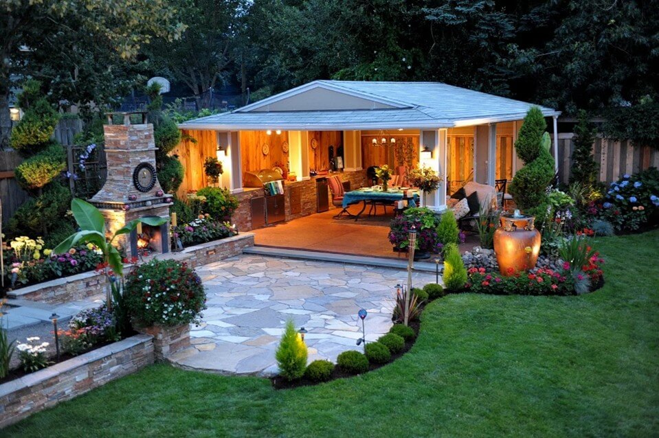 Outdoor living space with pergola and seating area